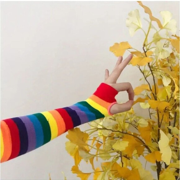 Rainbow fingerless gloves sleeves thumb hole multicolor accessory - Picture 2 of 6